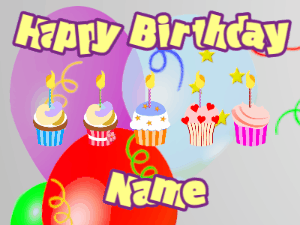 Happy Birthday GIF:Cupcakes for Birthday,balloon wrap background,beige & purple text