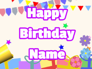 Happy Birthday GIF:Horn, stars, party, block, white, purple