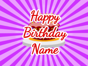 Happy Birthday GIF:purple sunburst,cartoon cake, red text