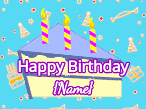 Happy Birthday GIF:Purple birthday cake slice with candles