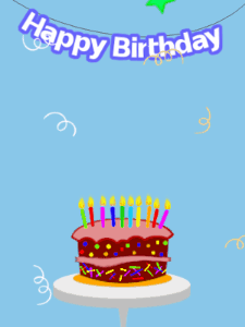 Happy Birthday GIF:Blue birthday GIF with a cartoon cake and stars