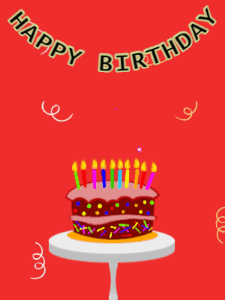 Happy Birthday GIF:Birthday GIF,cartoon cake,red background,stars & confetti