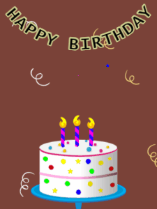 Happy Birthday GIF:Birthday GIF,candy cake,brown background,hearts & confetti