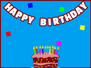 Happy Birthday GIF:A cartoon cake on blue with red border & falling stars