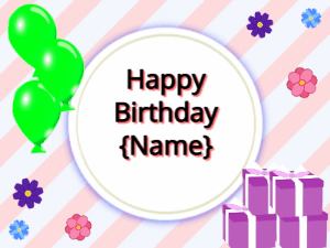 Happy Birthday GIF:green Balloons, purple gift boxes, black text
