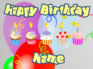 Happy Birthday GIF:Cupcakes for Birthday,balloon wrap background,beige & navy text