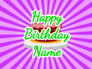 Happy Birthday GIF:purple sunburst,cartoon cake, green text