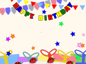Happy Birthday GIF:cream Cake, flying stars on a party background
