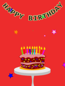 Happy Birthday GIF:Birthday GIF,cartoon cake,red background,stars & stars