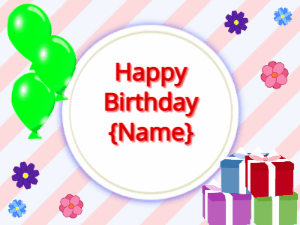 Happy Birthday GIF:green Balloons, mix colors gift boxes, red text