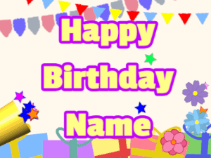 Happy Birthday GIF:Horn, stars, party, block, yellow, purple