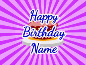 Happy Birthday GIF:purple sunburst,cartoon cake, blue text