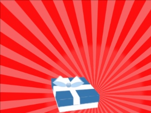 Happy Birthday GIF:blue Gift box, red sunburst, happy faces & cursive