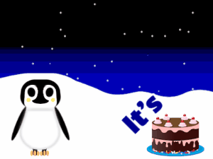 Happy Birthday GIF:Penguin: fruity cake,orange text,% 3 fireworks