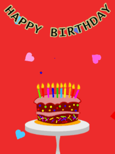 Happy Birthday GIF:Birthday GIF,cartoon cake,red background,stars & hearts