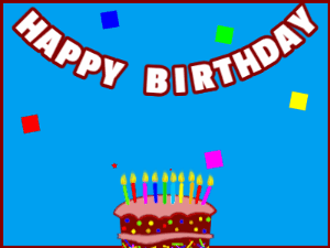Happy Birthday GIF:A cartoon cake on blue with red border & falling squares