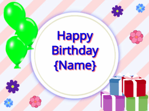 Happy Birthday GIF:green Balloons, mix colors gift boxes, blue text