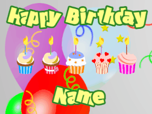 Happy Birthday GIF:Cupcakes for Birthday,balloon wrap background,beige & green text