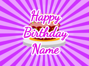 Happy Birthday GIF:purple sunburst,cartoon cake, purple text