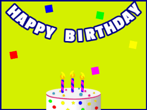 Happy Birthday GIF:A candy cake on green with blue border & falling hearts