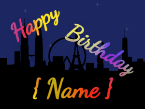 Happy Birthday GIF:City fireworks of stars. Fonts block & block, & a rainbow texture