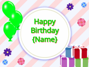 Happy Birthday GIF:green Balloons, mix colors gift boxes, green text