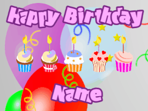 Happy Birthday GIF:Cupcakes for Birthday,balloon wrap background,purple & purple text