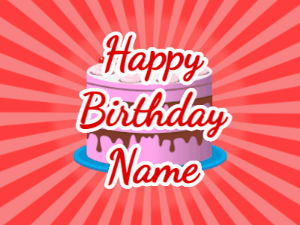 Happy Birthday GIF:red sunburst,pink cake, red text