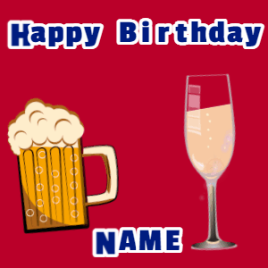Happy Birthday GIF:Birthday gif, mug & champagne, hearts fireworks, block text on red