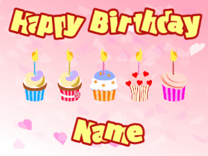 Happy Birthday GIF:Cupcakes for Birthday,pink hearts background,beige & red text