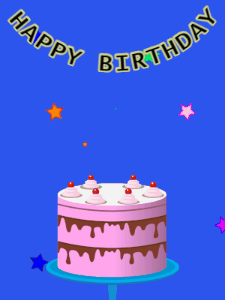 Happy Birthday GIF:Birthday GIF,pink cake,blue background,hearts & stars