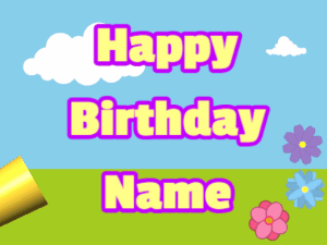 Happy Birthday GIF:Horn, stars, meadow, block, yellow, purple
