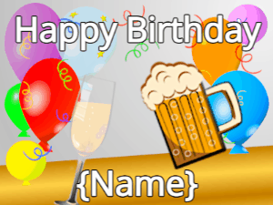 Happy Birthday GIF:Birthday cheers with champagne & beer & squares on balloon