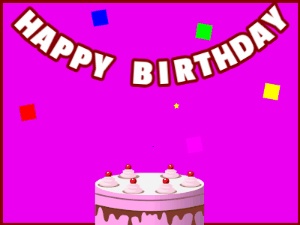 Happy Birthday GIF:A pink cake on purple with red border & falling hearts