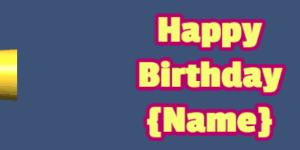 Happy Birthday GIF:pink birthday cake on green with yellow & rouge text