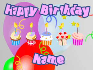 Happy Birthday GIF:Cupcakes for Birthday,balloon wrap background,purple & navy text