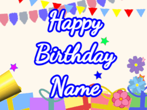 Happy Birthday GIF:Horn, noodles, party, cursive, white, blue