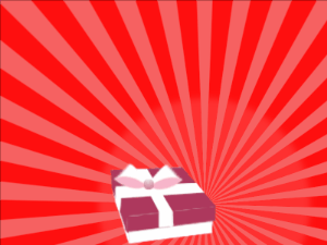 Happy Birthday GIF:burgundy Gift box, red sunburst, happy faces & block