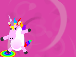 Happy Birthday GIF:Dabbing Unicorn:purple background,pink flowers,candy cake