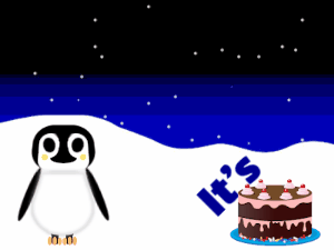 Happy Birthday GIF:Penguin: fruity cake,red text,% 3 fireworks