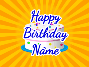 Happy Birthday GIF:yellow sunburst,candy cake, blue text