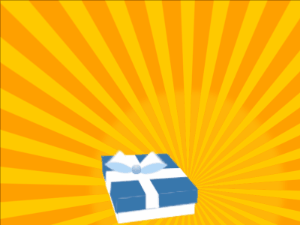 Happy Birthday GIF:blue Gift box, yellow sunburst, flowers & cursive