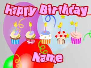 Happy Birthday GIF:Cupcakes for Birthday,balloon wrap background,purple & red text