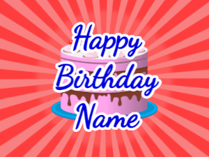 Happy Birthday GIF:red sunburst,pink cake, blue text
