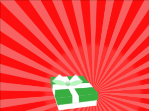 Happy Birthday GIF:green Gift box, red sunburst, happy faces & cursive