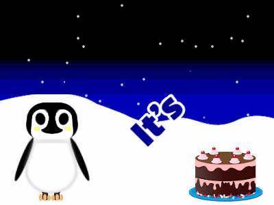 Happy Birthday, birthday-15130 @ Editable GIFs,Penguin: fruity cake,red text,% 3 fireworks