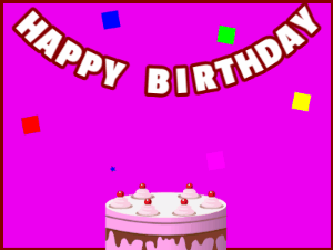 Happy Birthday GIF:A pink cake on purple with red border & falling stars