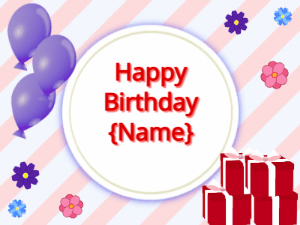 Happy Birthday GIF:purple Balloons, red gift boxes, red text