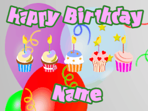 Happy Birthday GIF:Cupcakes for Birthday,balloon wrap background,purple & green text