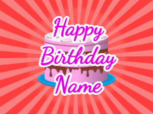 Happy Birthday GIF:red sunburst,pink cake, purple text